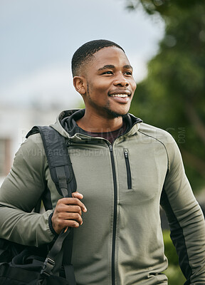 Buy stock photo Fitness, travel or happy black man walking to gym for training, exercise or workout with duffle bag in Atlanta. Pride, mindset or healthy sports athlete smiles with body goals, motivation or mission