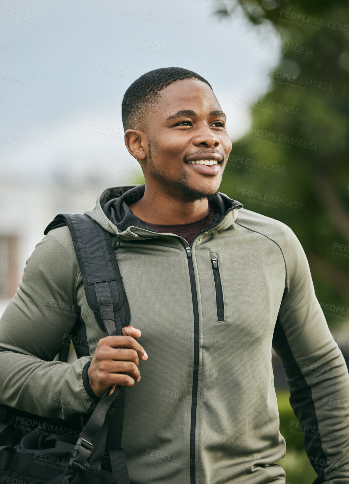 Buy stock photo Fitness, travel or happy black man walking to gym for training, exercise or workout with duffle bag in Atlanta. Pride, mindset or healthy sports athlete smiles with body goals, motivation or mission