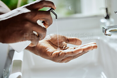 Buy stock photo Black man, home bathroom or washing hands with soap for healthcare wellness, hygiene maintenance grooming or house self care. Zoom, cleaning product or sink tap skincare for bacteria safety routine
