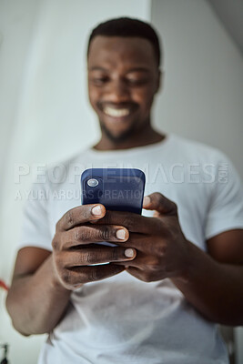 Buy stock photo Smartphone, news and happy black man with loan application, credit score check or bank feedback and reading email on mobile app. Smile, communication and african man at home using phone or cellphone