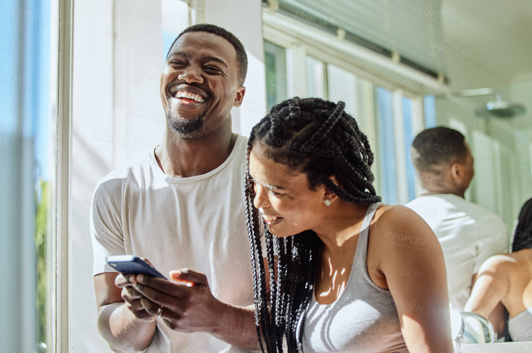 Buy stock photo Phone, laughing and black couple in home on social media  reading funny meme or joke. Relax comedy, cellphone and happy man and woman with mobile smartphone streaming or watching comic video online.