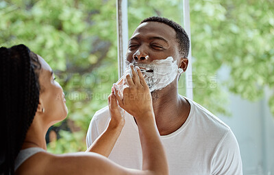Buy stock photo Black couple with shaving foam, morning hygiene in home bathroom and skincare product for facial treatment. Beauty wellness for cleaning face, happy boyfriend or natural cosmetics cream application