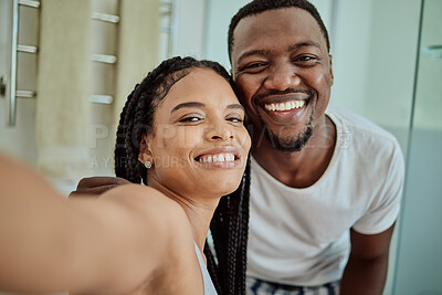 Buy stock photo Selfie, smile and portrait of an African couple with love, home memory and happy in marriage. Smile, happiness and black man and woman with a content photo together in the living room with peace