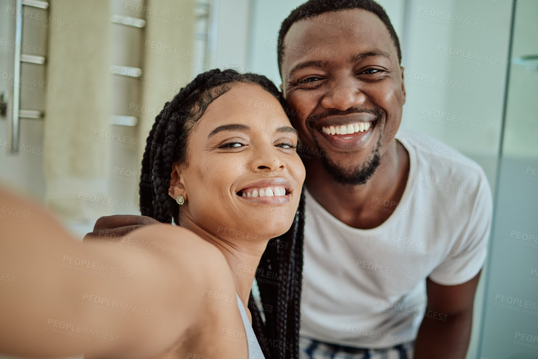 Buy stock photo Selfie, smile and portrait of an African couple with love, home memory and happy in marriage. Smile, happiness and black man and woman with a content photo together in the living room with peace