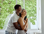 Love, black couple and hug in bathroom, smile and bonding together for relationship, dating and weekend. Romance, man and woman in house, embrace and loving for marriage, relax and quality time