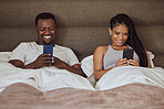 Black couple, smartphone and happiness together in bed for social media streaming, relax quality time or reading online. African man smile, black woman and happy watching video on phone in bedroom