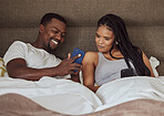 Love, smartphone and black couple in bed, social media and connection in the morning. Romance, man and woman in bedroom, cellphone and online reading for bonding, loving and relax together on weekend