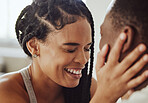 Black couple, face and laugh in bedroom, romance and morning for bonding, care and romance in home. Happy couple, smile and touch for happiness, holiday or vacation in hotel room, apartment and relax