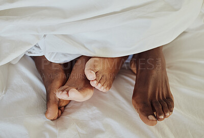 Buy stock photo Intimate couple feet in bedroom for love, valentines day and sexual partner with morning passion at home. Top view of man, woman and foot with intimacy, relax and sleeping together in erotic marriage