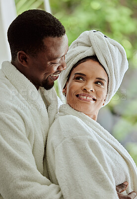 Buy stock photo Spa, love and relax with a black couple in a health center or luxury resort for romance and wellness. Vitality, rest and relaxation with a man and woman at a lodge for a romantic weekend getaway