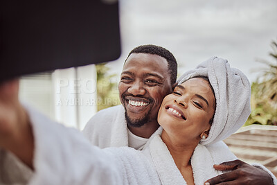 Buy stock photo Happy, morning and black couple phone selfie moment with cheerful smile at hotel in South Africa. Wellness, relax and love of people bonding together with mobile photograph for social media.