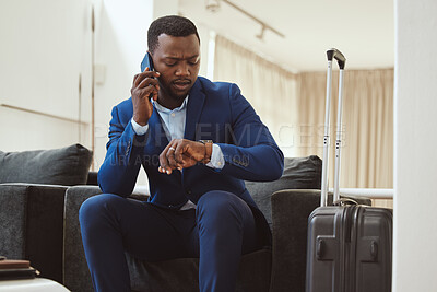 Buy stock photo African businessman, checking time in hotel and phonecall for work travel schedule in Atlanta. Young black entrepreneur speaking on cellphone, professional time management or luxury airport travel