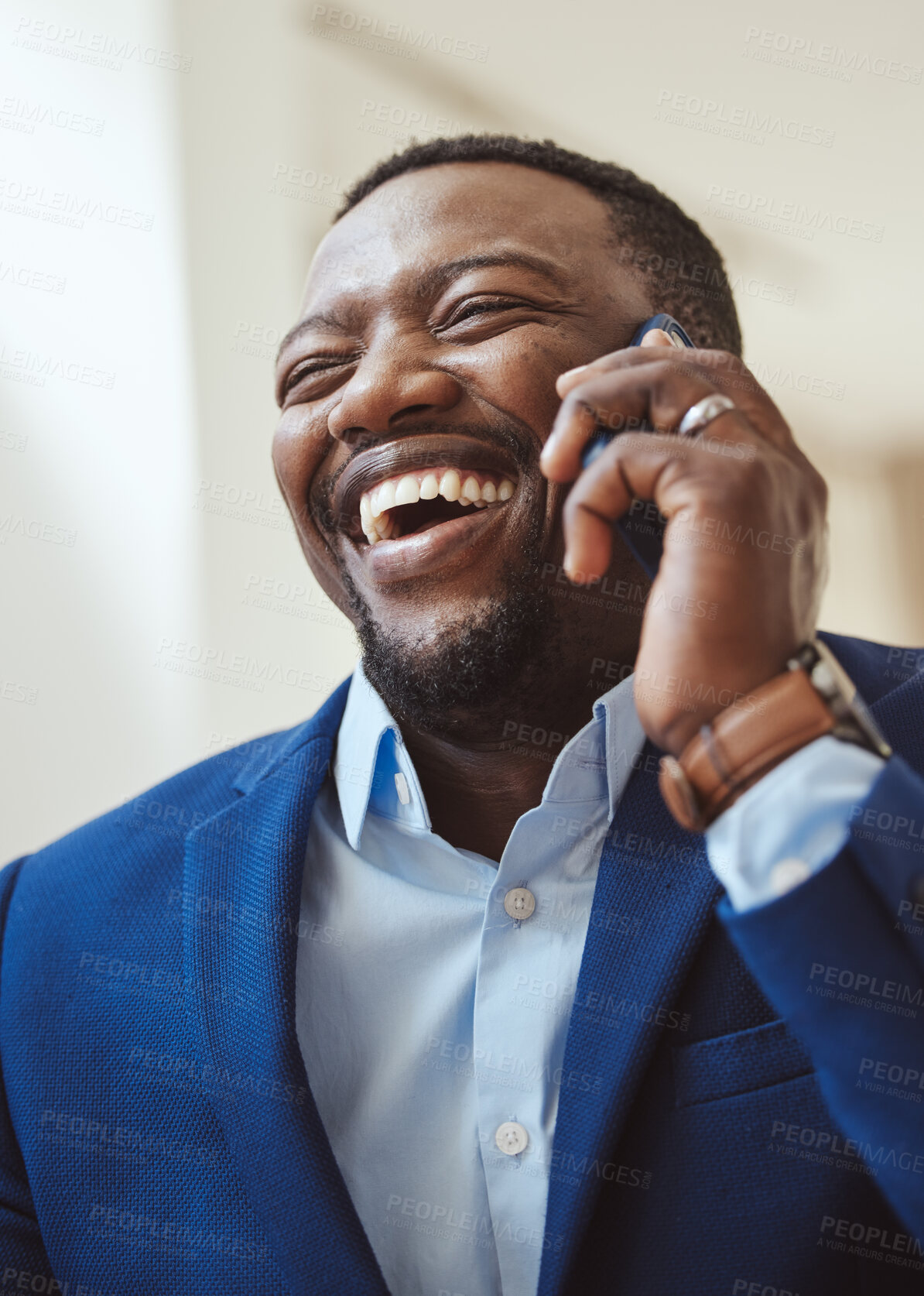 Buy stock photo Phone call, communication and laughing with a business black man talking while working in corporate. Mobile, networking or management with a male CEO feeling happy while chatting on his smartphone