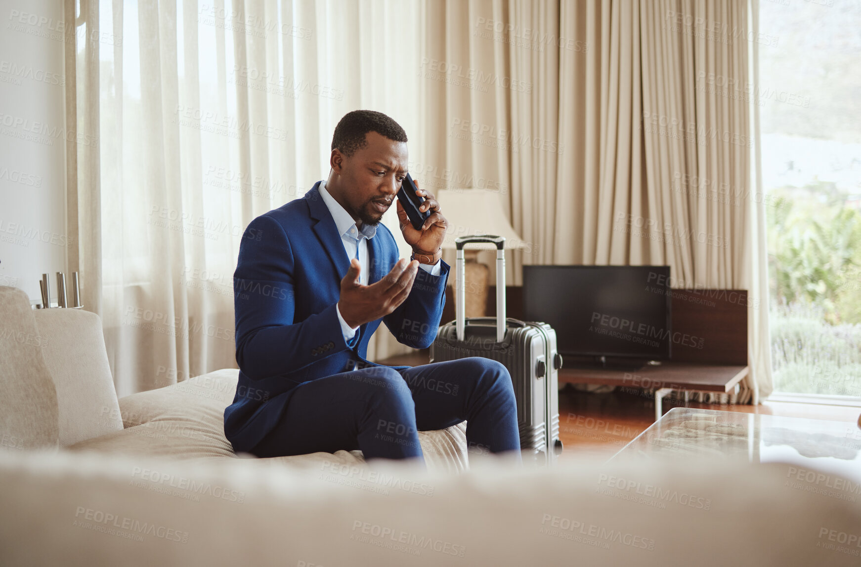 Buy stock photo Phone call, travel stress and businessman with a phone for hotel communication, transport problem and work fail. Angry, conversation and black man with a mobile talking about accommodation mistake