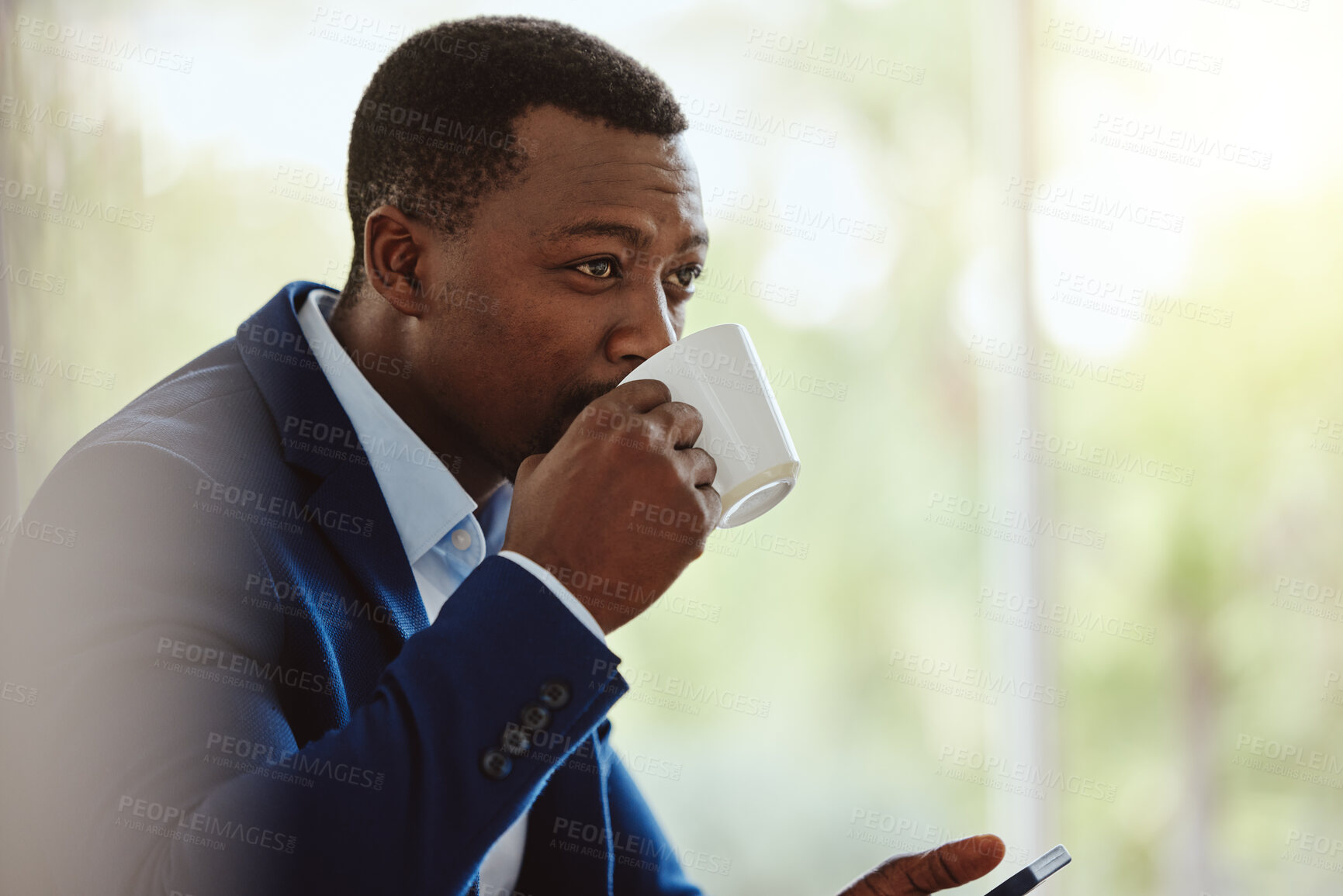 Buy stock photo Businessman, travel or drinking coffee on phone in airport lounge, hotel lobby or modern office building. Corporate worker, employee or manager with tea, technology innovation vision or company ideas