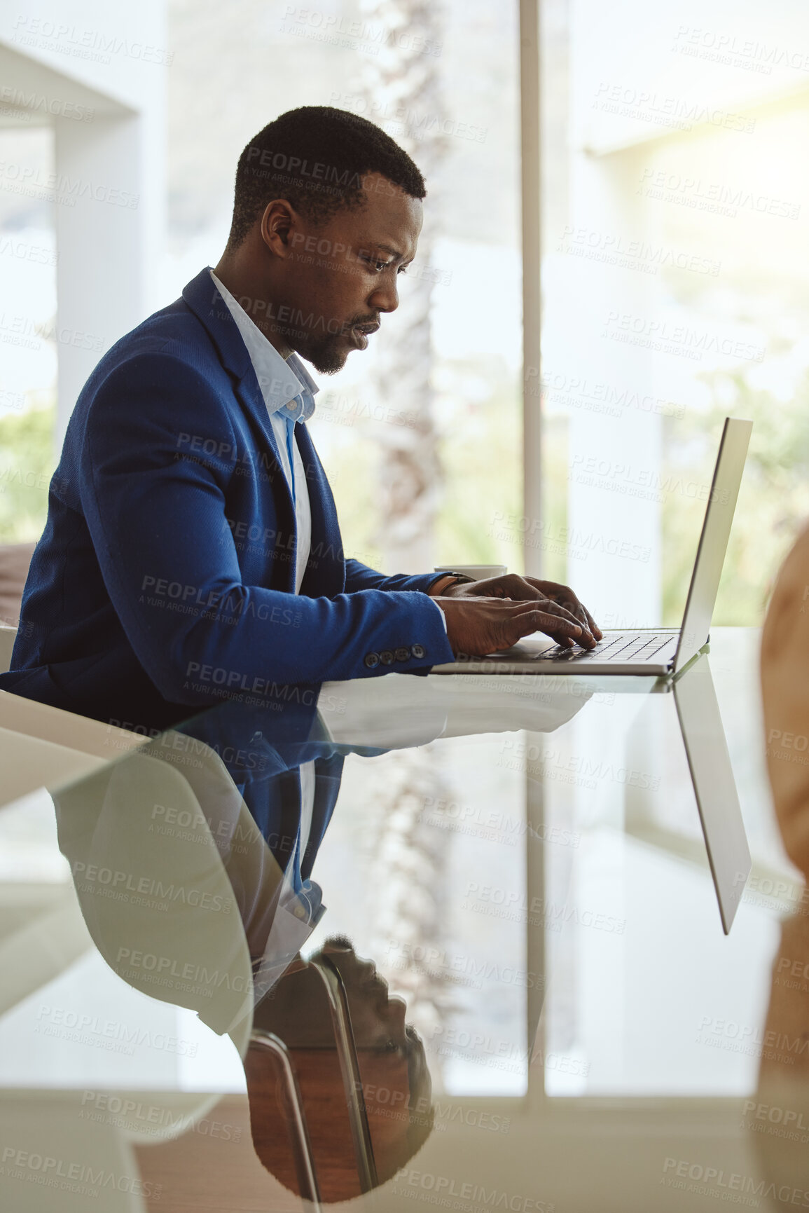 Buy stock photo Email, business and black man planning on a laptop, internet research and reading information for work. Corporate, executive and African businessman typing on pc for connection with table reflection