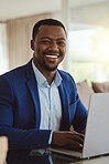 Happy, business and portrait of a black man with a laptop for planning, connection and email on work wifi. Smile, corporate research and executive African businessman typing a proposal on a computer