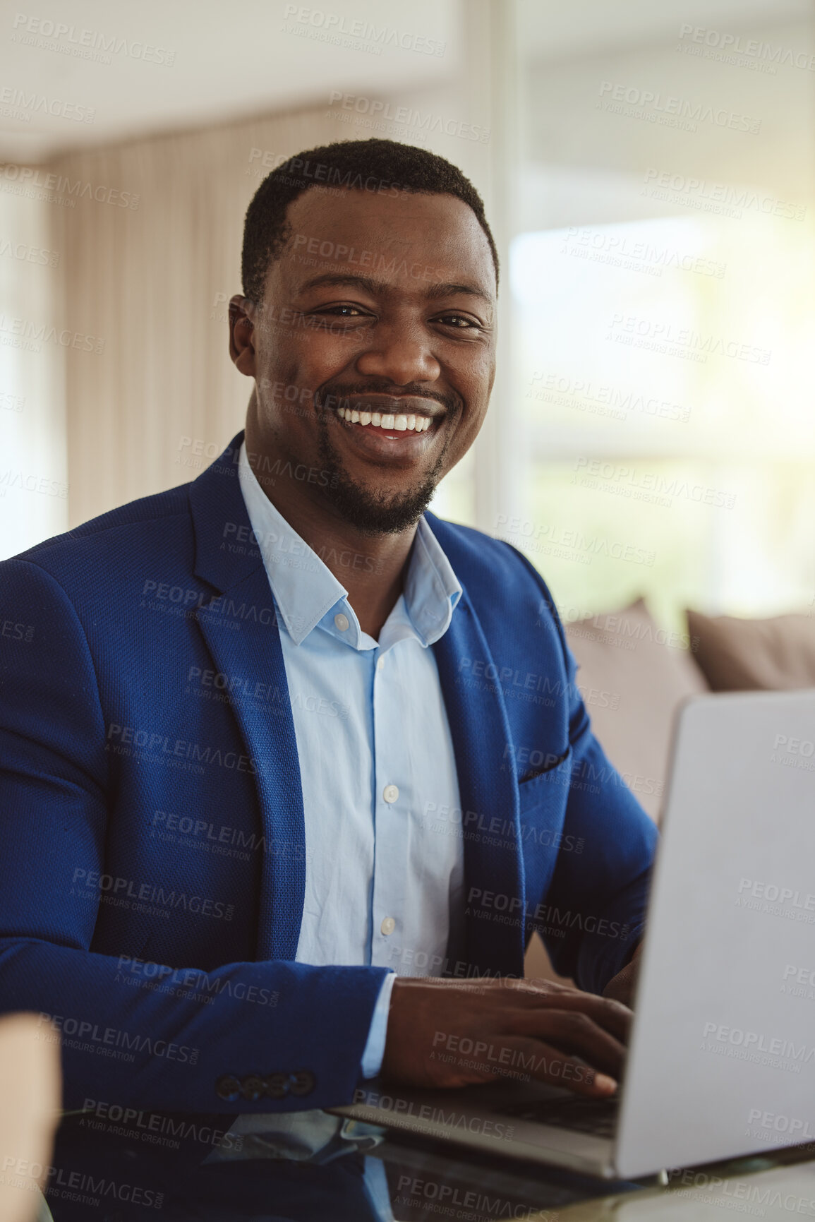 Buy stock photo Happy, business and portrait of a black man with a laptop for planning, connection and email on work wifi. Smile, corporate research and executive African businessman typing a proposal on a computer