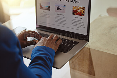 Buy stock photo Laptop screen, travel website and hands of businessman typing information on vacation planning, marketing or online blog writing. Black man, ux web design for contact us, booking faq or about us page