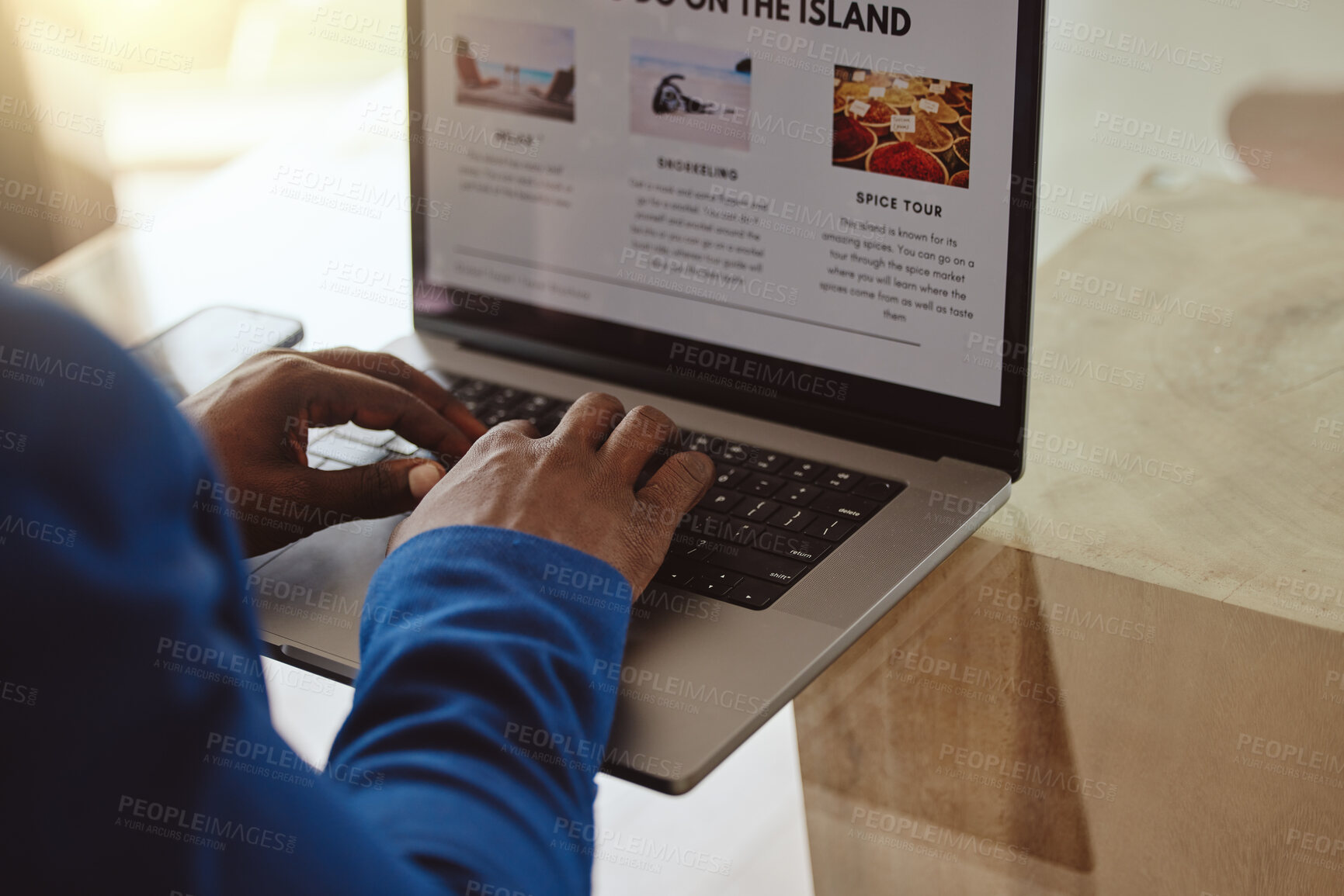 Buy stock photo Laptop screen, travel website and hands of businessman typing information on vacation planning, marketing or online blog writing. Black man, ux web design for contact us, booking faq or about us page