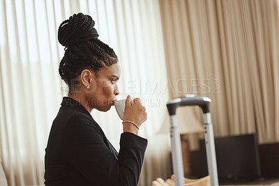 Buy stock photo Coffee, travel and business woman at a hotel thinking of hospitality, career relax and executive bedroom. Peace, idea and corporate employee with luggage and tea drink after journey for work trip