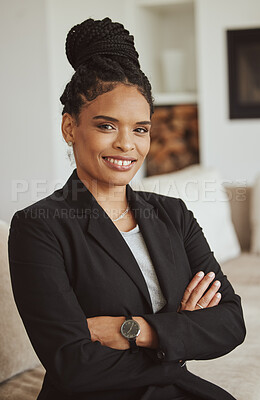 Buy stock photo Black business woman, smile portrait and success vision in office for ceo leadership, manager confidence and standing crossed arms. African woman, happy face and corporate leader goals motivation