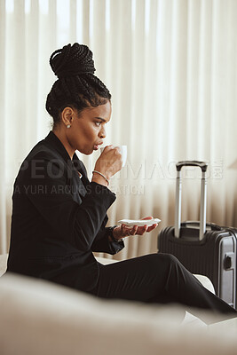 Buy stock photo Coffee, travel and luggage with a business black woman drinking a beverage in an airport departure lounge. Tea, corporate and business class with a female employee waiting in a terminal with baggage