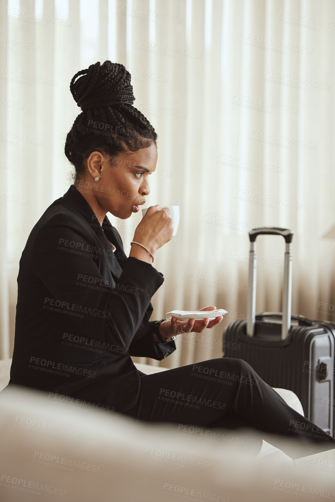 Buy stock photo Coffee, travel and luggage with a business black woman drinking a beverage in an airport departure lounge. Tea, corporate and business class with a female employee waiting in a terminal with baggage