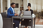 Laptop, thinking or black people working remote for idea planning, creative strategy or teamwork networking. Corporate, tech or woman and man for collaboration, research or business website update