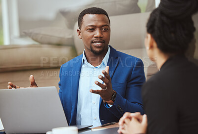 Buy stock photo Laptop, meeting and financial advisor with a business black man and woman client talking portfolio growth. Computer, finance and accounting with a male and female employee working on investment