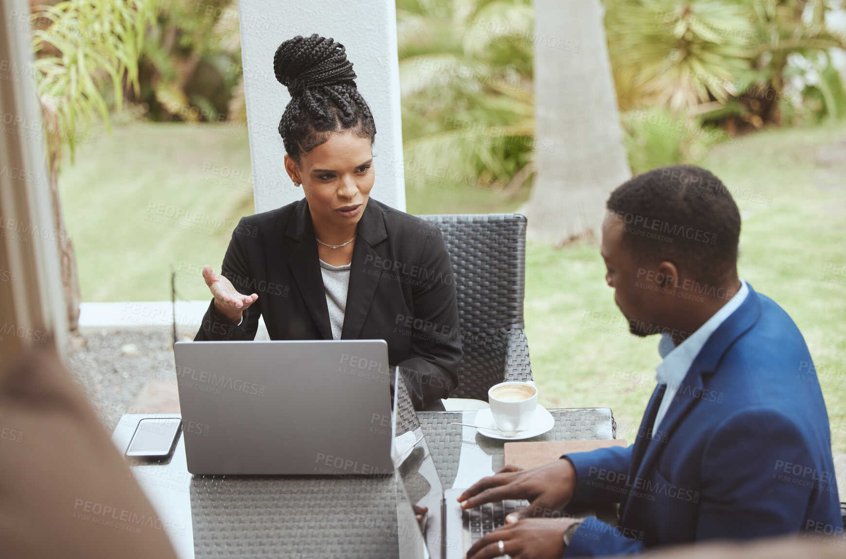 Buy stock photo Business people, businessman and black woman in meeting on terrace, backyard and finance goal on business trip. Black man, woman and morning business meeting on patio, balcony or garden for planning