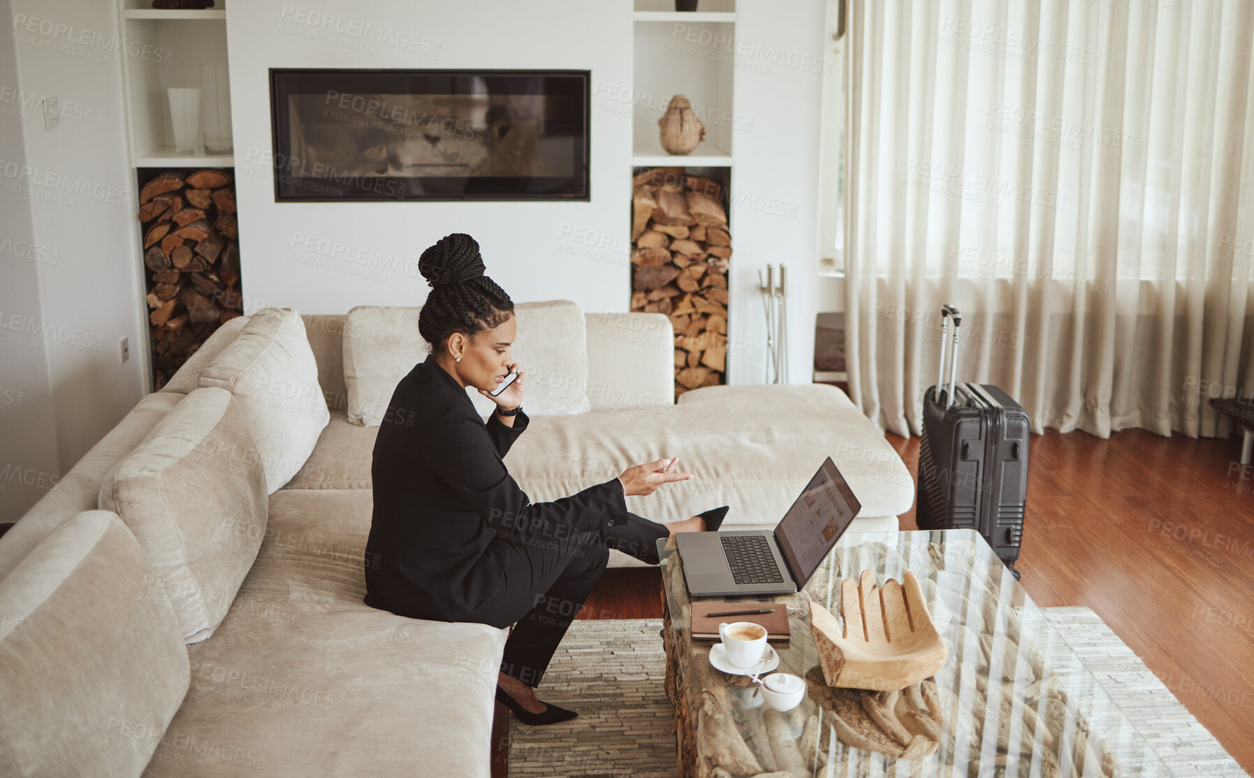 Buy stock photo Phone call, communication and business woman with laptop, reading information and planning work during travel. Conversation, strategy and employee with computer strategy talking on a mobile on a trip