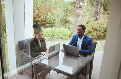 Buy stock photo Business people, man and black woman in meeting on terrace, laptop and finance goal on business trip. Black man, woman and teamwork in morning business meeting on patio, hotel or garden for planning