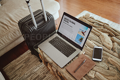 Buy stock photo Laptop screen, travel website and suitcase background for vacation planning, hospitality marketing and hotel online blog advertising. Ux or ui web design, luggage and technology for contact us or faq