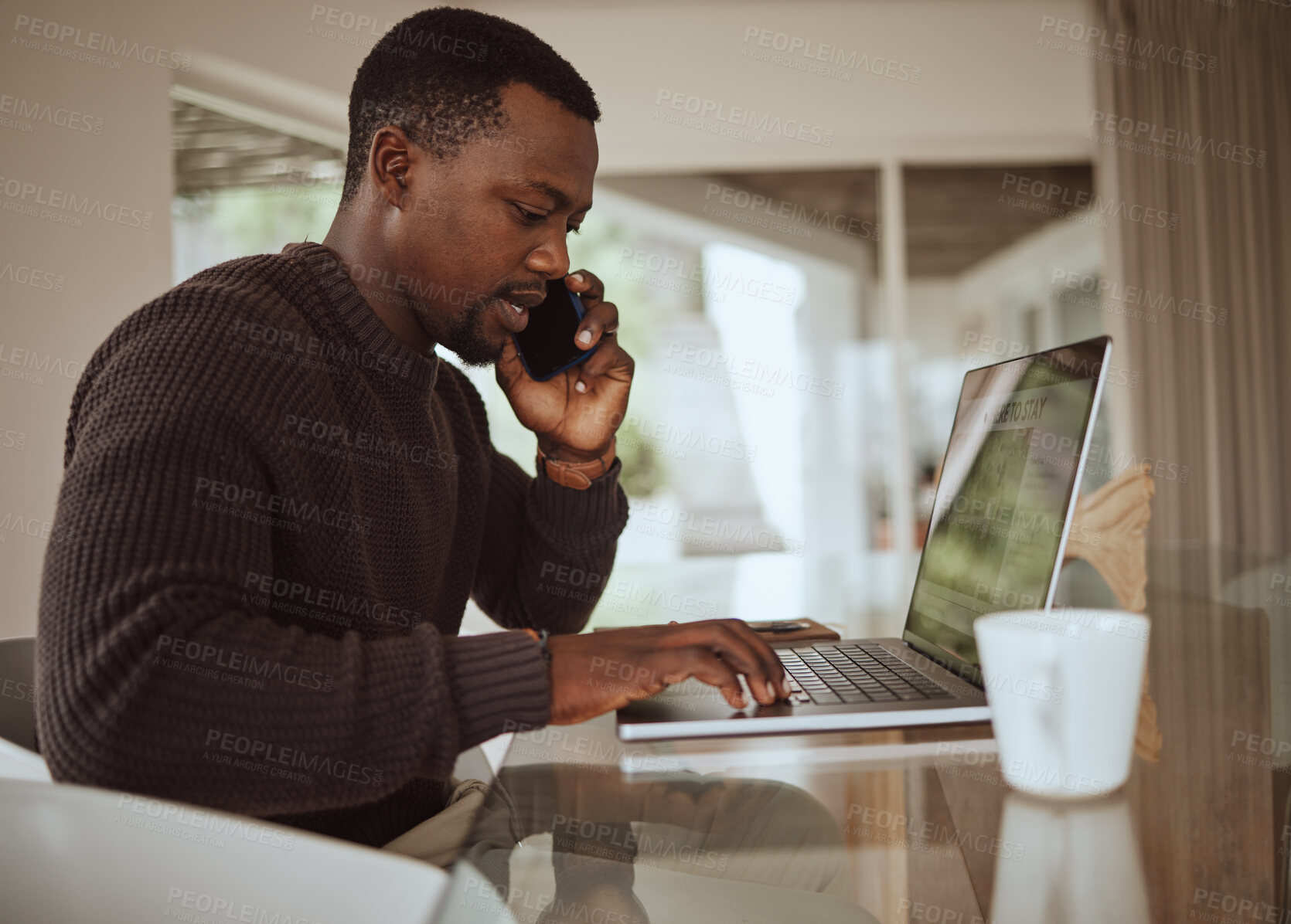 Buy stock photo Remote work, phone call and black man typing on laptop in home office for online consulting, trading and email. Freelancer talking on mobile communication with service provider of computer internet 