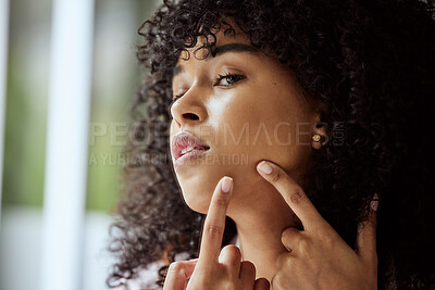 Buy stock photo Black woman, hands and facial acne skincare cleaning for beauty hygiene, grooming wellness and cosmetics dermatology in bathroom. Young African girl, checking face pimples and self care cosmetology