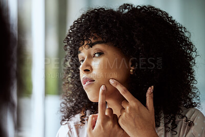 Buy stock photo Black woman, mirror and facial pimple cleaning for beauty hygiene, skincare wellness and cosmetics dermatology in bathroom. Young African girl, checking face acne and hands for self care cosmetology