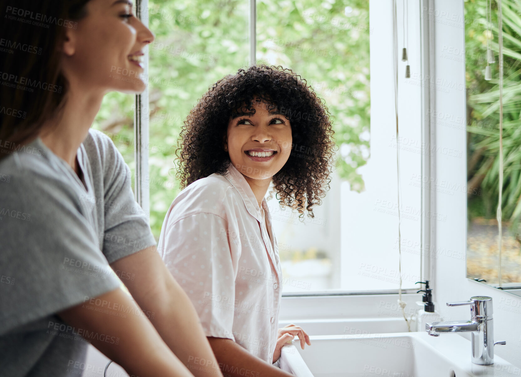 Buy stock photo Women, bonding or home bathroom grooming for hair care, skincare morning routine or relax healthcare wellness. Smile, happy girls or friends beauty in luxury house, hotel or apartment facial cleaning