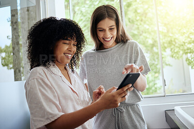 Buy stock photo Happy, phone or women friends in bathroom for social media, website or internet blog content comic news review. Smile, social network or girl on smartphone for networking, communication or media app