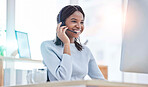 Consulting, call center and black woman at computer for customer service online at office. Technical support professional client communication with headset mic at workplace in Nigeria.


