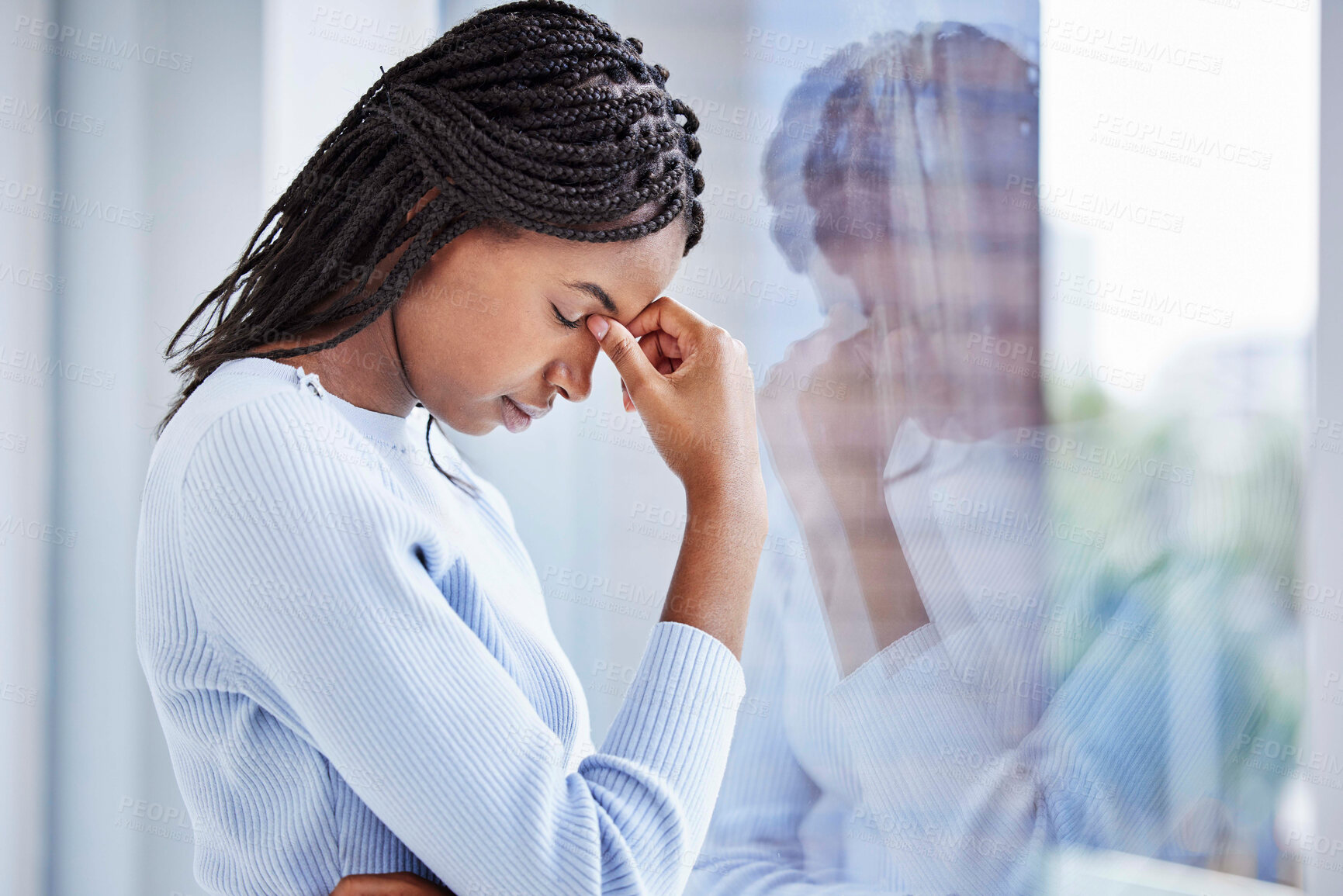 Buy stock photo Mental health, window and black woman with depression, thinking and stress in home. African American female, girl and headache for financial crisis, burnout and anxiety for problems, glass and sad