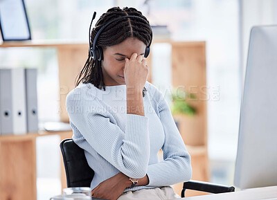 Buy stock photo Black woman, stress or headache on call center computer in telemarketing company, b2b sales business or contact us startup. Receptionist, customer support or consultant anxiety on technology burnout