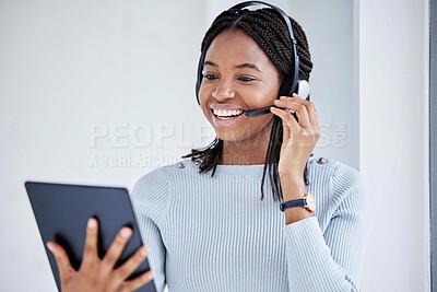 Buy stock photo Business woman, digital tablet or call center headset in contact us help, customer support sales or b2b consulting app. Smile, happy or receptionist worker with technology on CRM office communication