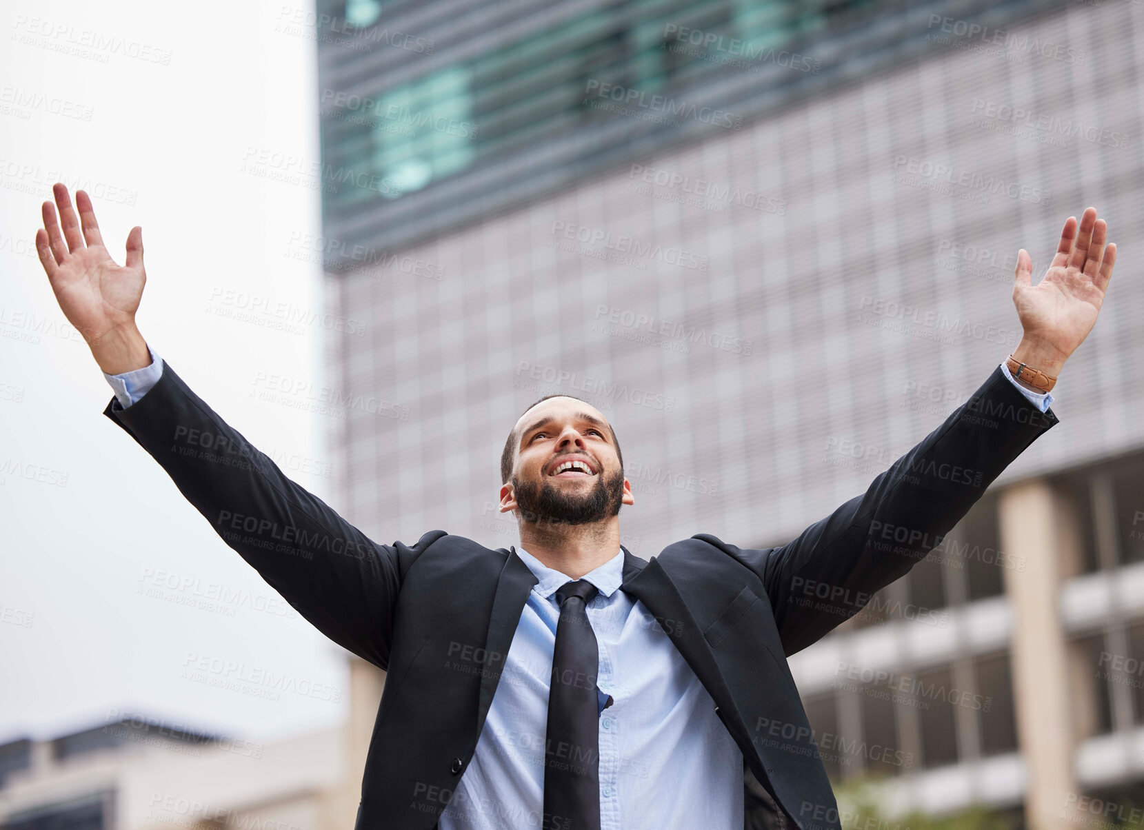 Buy stock photo Businessman celebration, city and winning with smile, success or suit in financial advisor job. Corporate man, hands and air goals, vision or motivation by metro buildings with happiness in New York