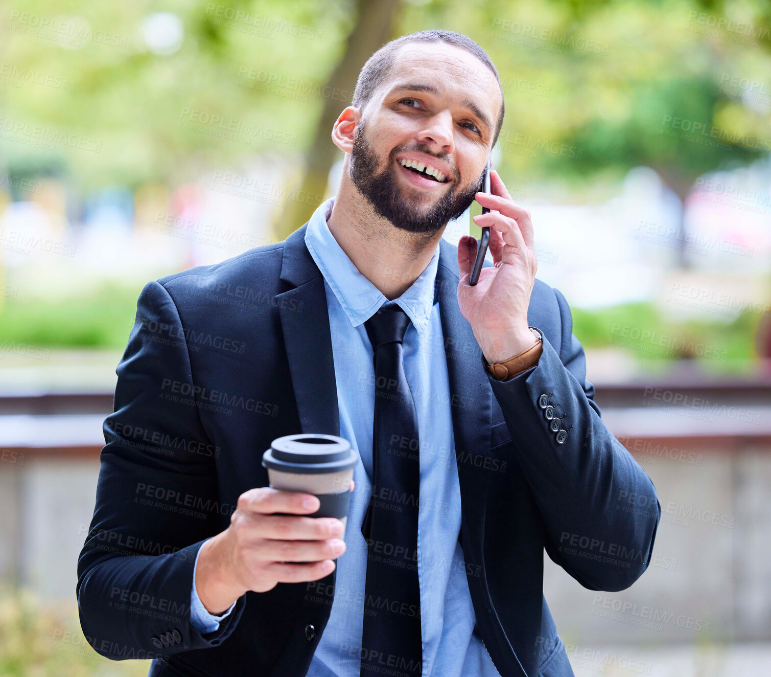 Buy stock photo Businessman, phone call and city park with coffee for energy, conversation or relax on break by trees. Corporate black man, smartphone or communication in metro, networking and espresso in New York