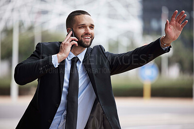 Buy stock photo Businessman, phone call and stop taxi for transport to appointment on street, buildings or time management. Corporate black man, phone and late for travel  in metro, smile and cityscape