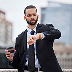 Businessman, watch and check time in city for schedule, business meeting or street by buildings. Corporate black man, clock and late for finance meeting in metro, frustrated and coffee in cityscape