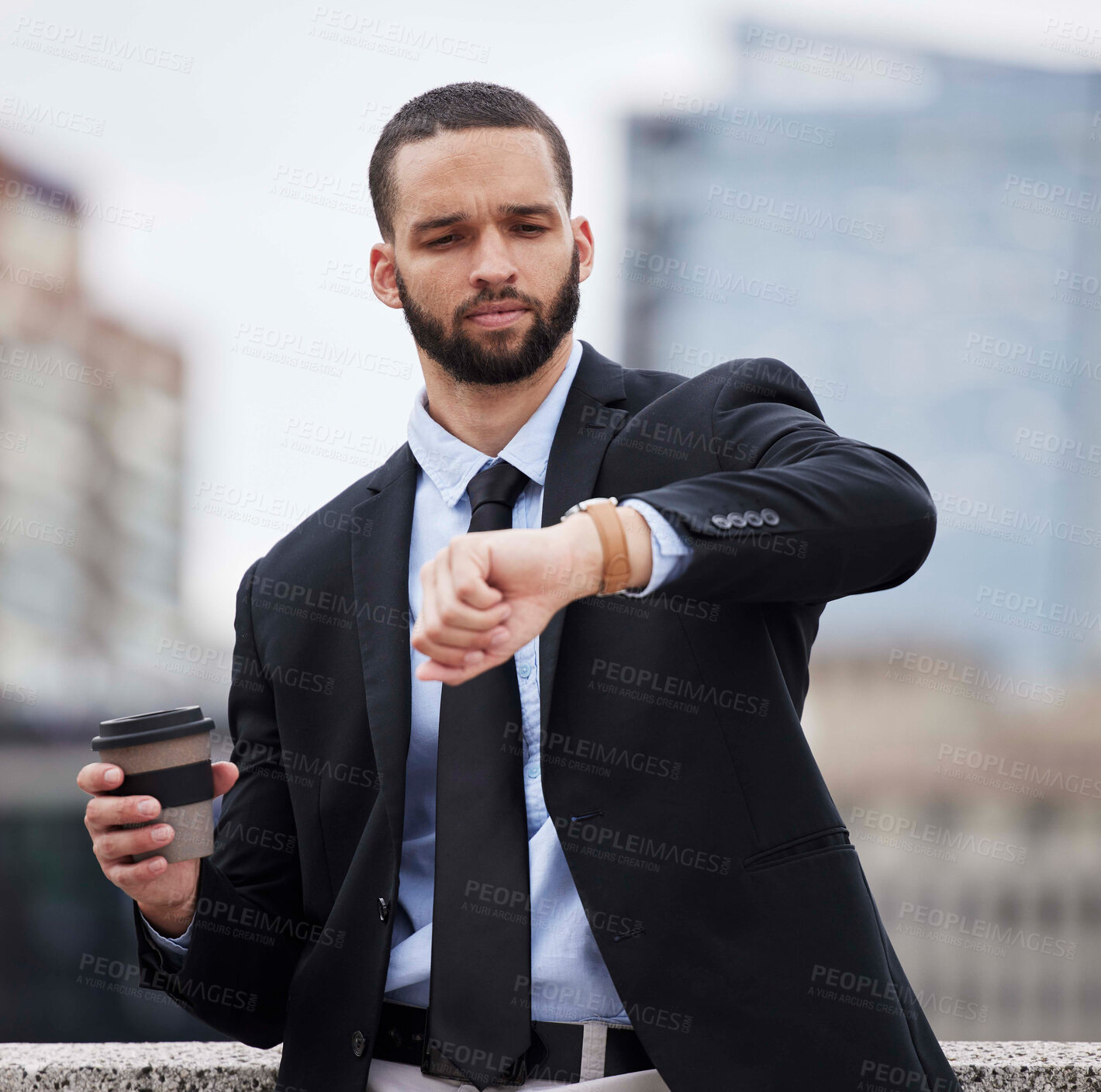 Buy stock photo Businessman, watch and check time in city for schedule, business meeting or street by buildings. Corporate black man, clock and late for finance meeting in metro, frustrated and coffee in cityscape