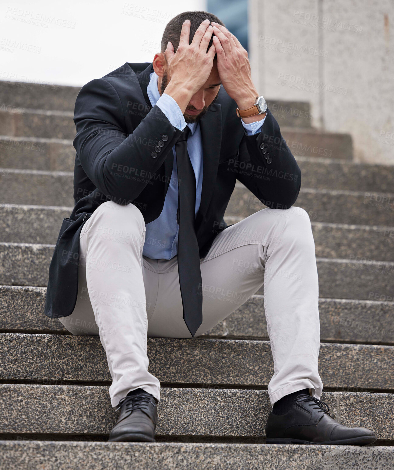 Buy stock photo Stress, depression and businessman with anxiety in city, corporate mistake and professional burnout in Singapore. Mental health, fail and employee sad about job loss, problem and resignation