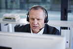 Call center, computer and businessman confused in telemarketing, virtual communication or software service for information technology. Frustrated, mistake and corporate worker, consultant or agent